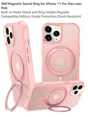 📱Pink MagSafe-Compatible iPhone 11 Pro Max  Ring Case with 360° Swivel Stand